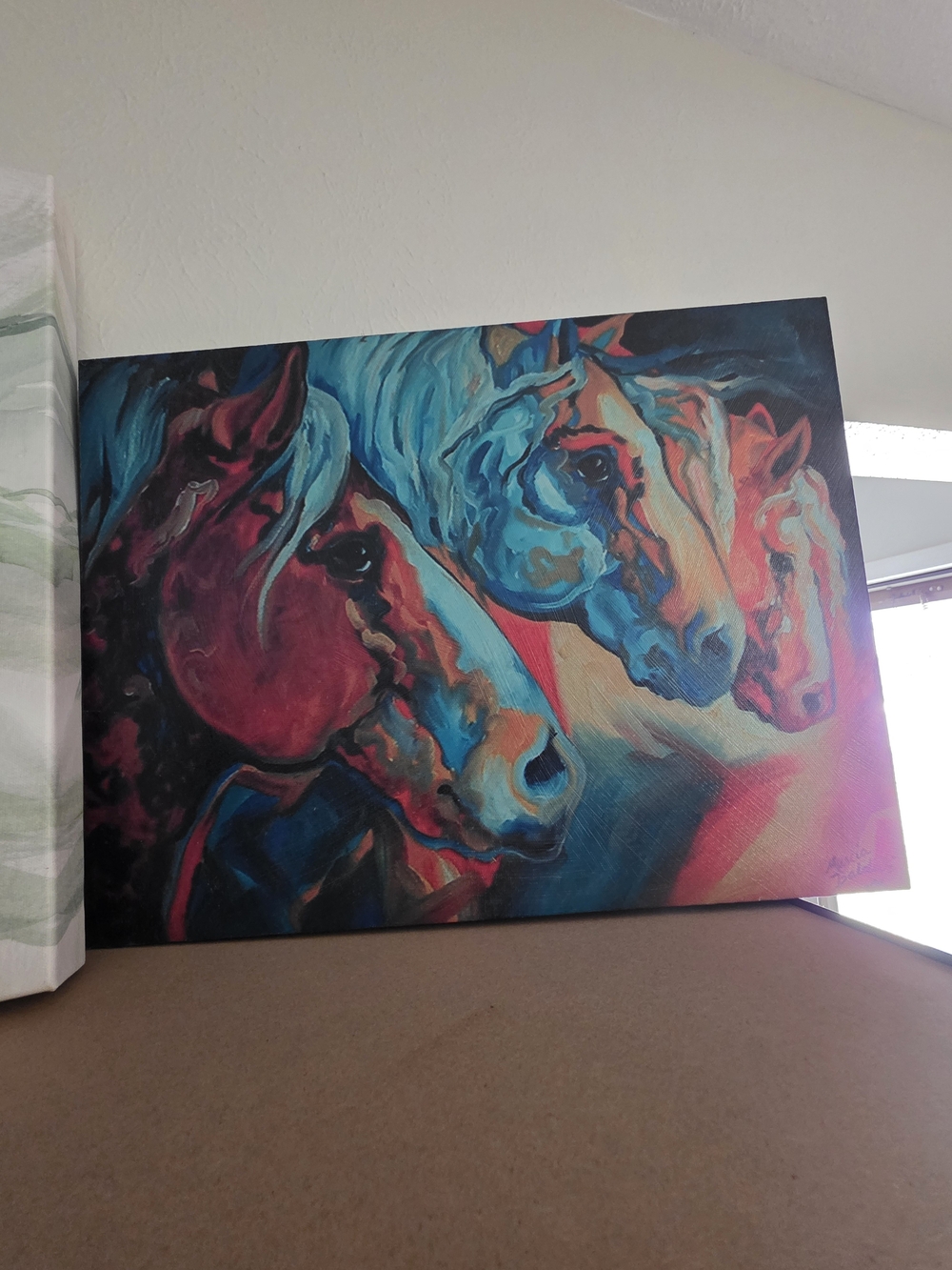 Vibrant Trio Horses Canvas Art Print - Blue, Teal & Coral